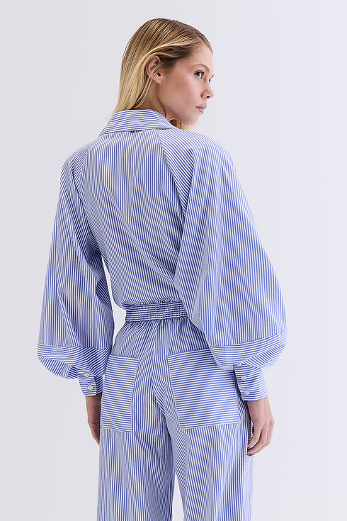 CAMISA MANGAS BUFANTES LISTRADA AZUL COM OFF